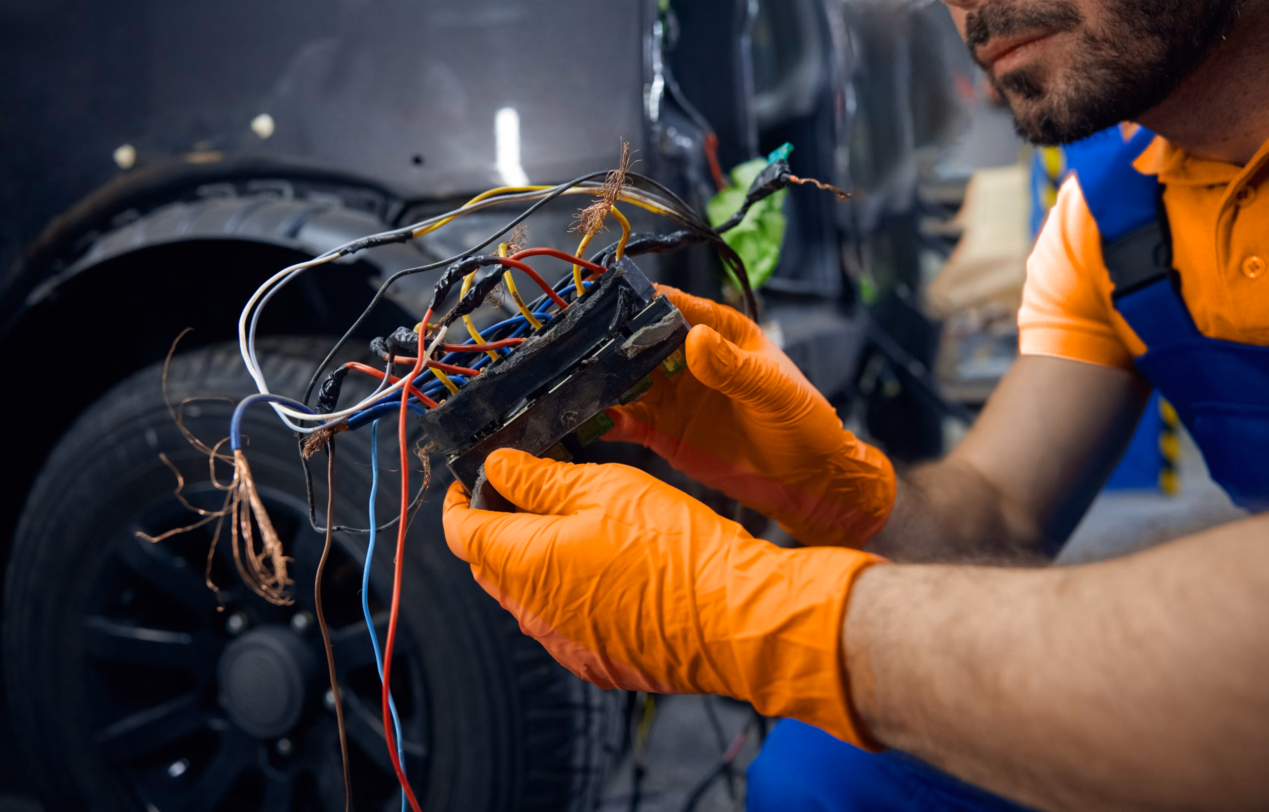 A mechanic in orange gloves and blue overalls holds a damaged electrical connector with frayed wires attached to a car.