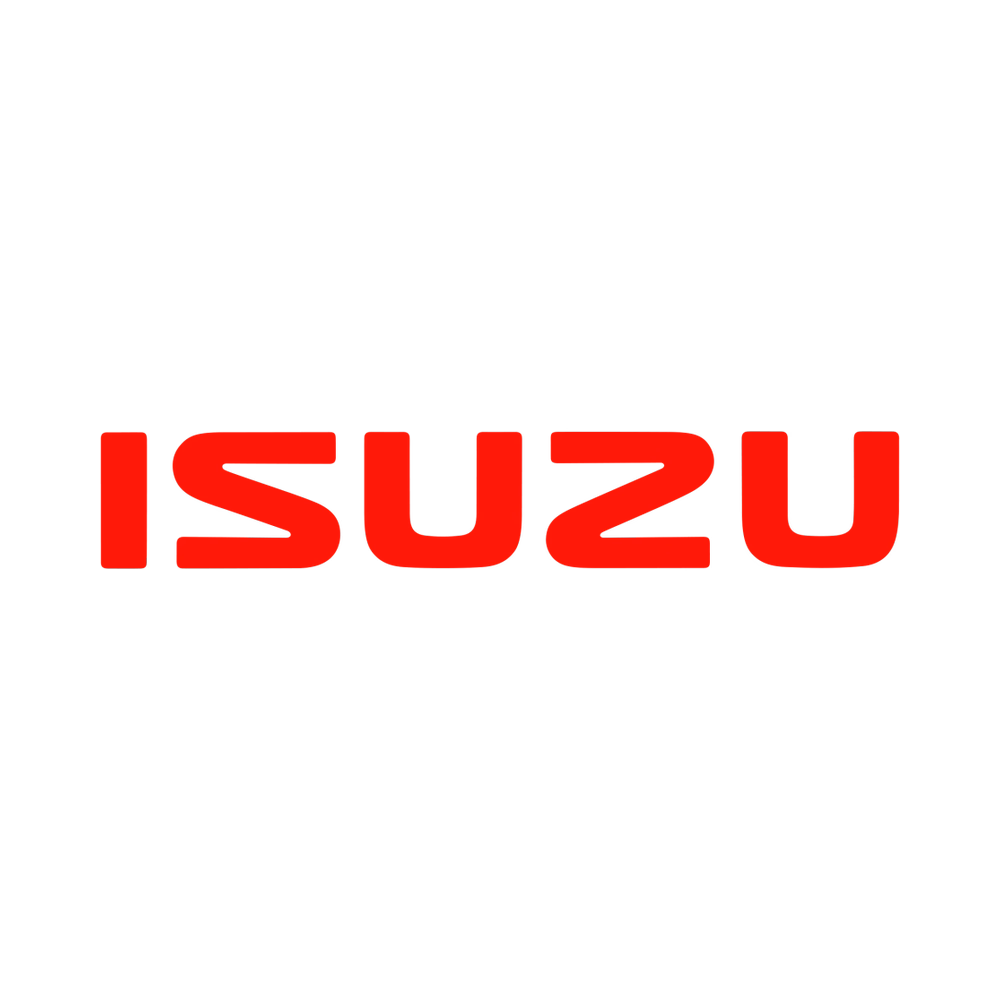 Isuzu logo in red capital letters on a black background.