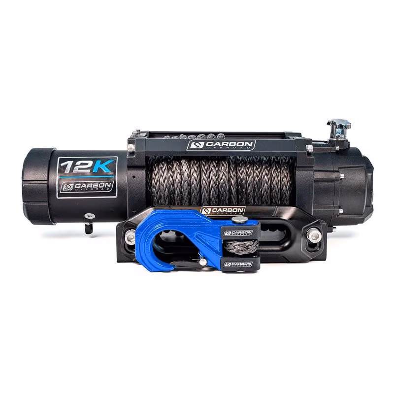 Carbon Offroad 12K electric winch with synthetic rope and a blue hook for 4x4 recovery.