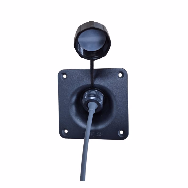 Black waterproof panel-mount socket with a screw-on cap and a grey cable coming out of the centre.