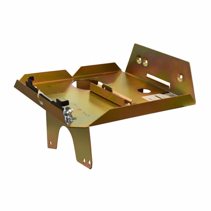 Gold zinc-plated steel battery tray bracket with mounting holes and a clamp on a white background.