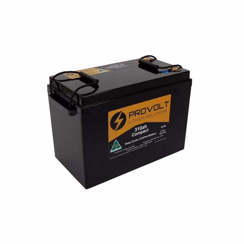 Black Provolt 310Ah Compact deep cycle LiFePO4 lithium battery with gold label and carry handles.